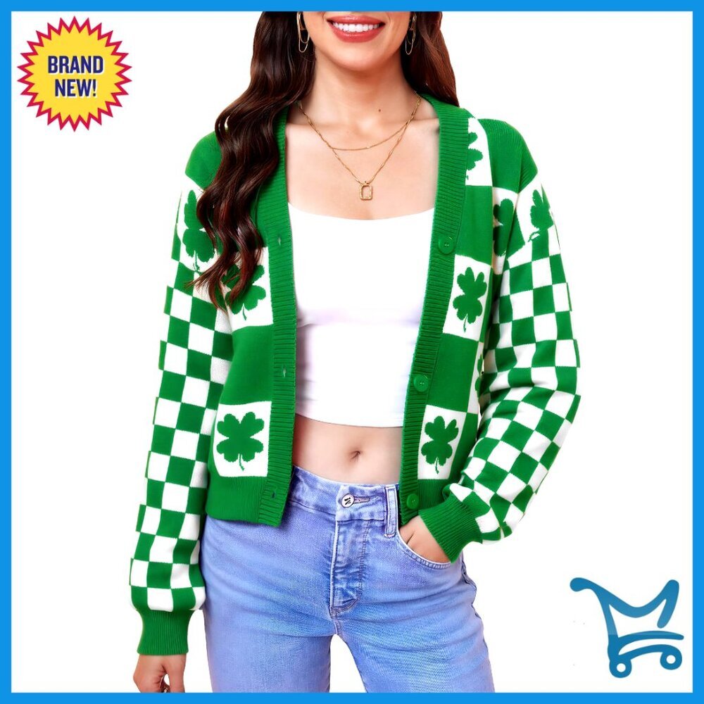 Cropped Cardigan Long Sleeve Button Down Shamrock Sweater Y2K